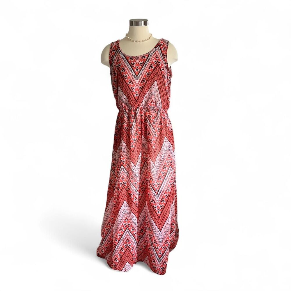 Speed Control Orange White Chevron Maxi Dress Womens L Sleeveless Boho Sundress
